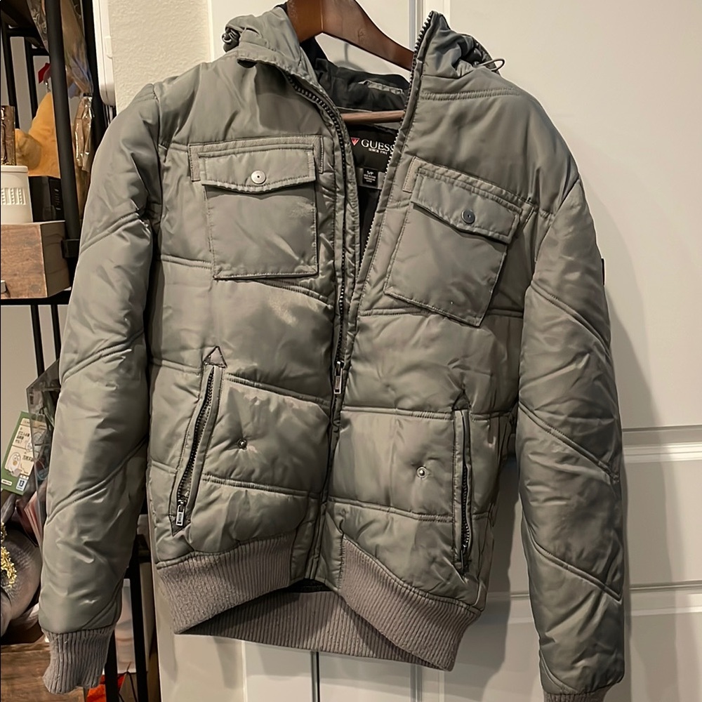 Guess Gray Quilted Puffer Jacket with Hood